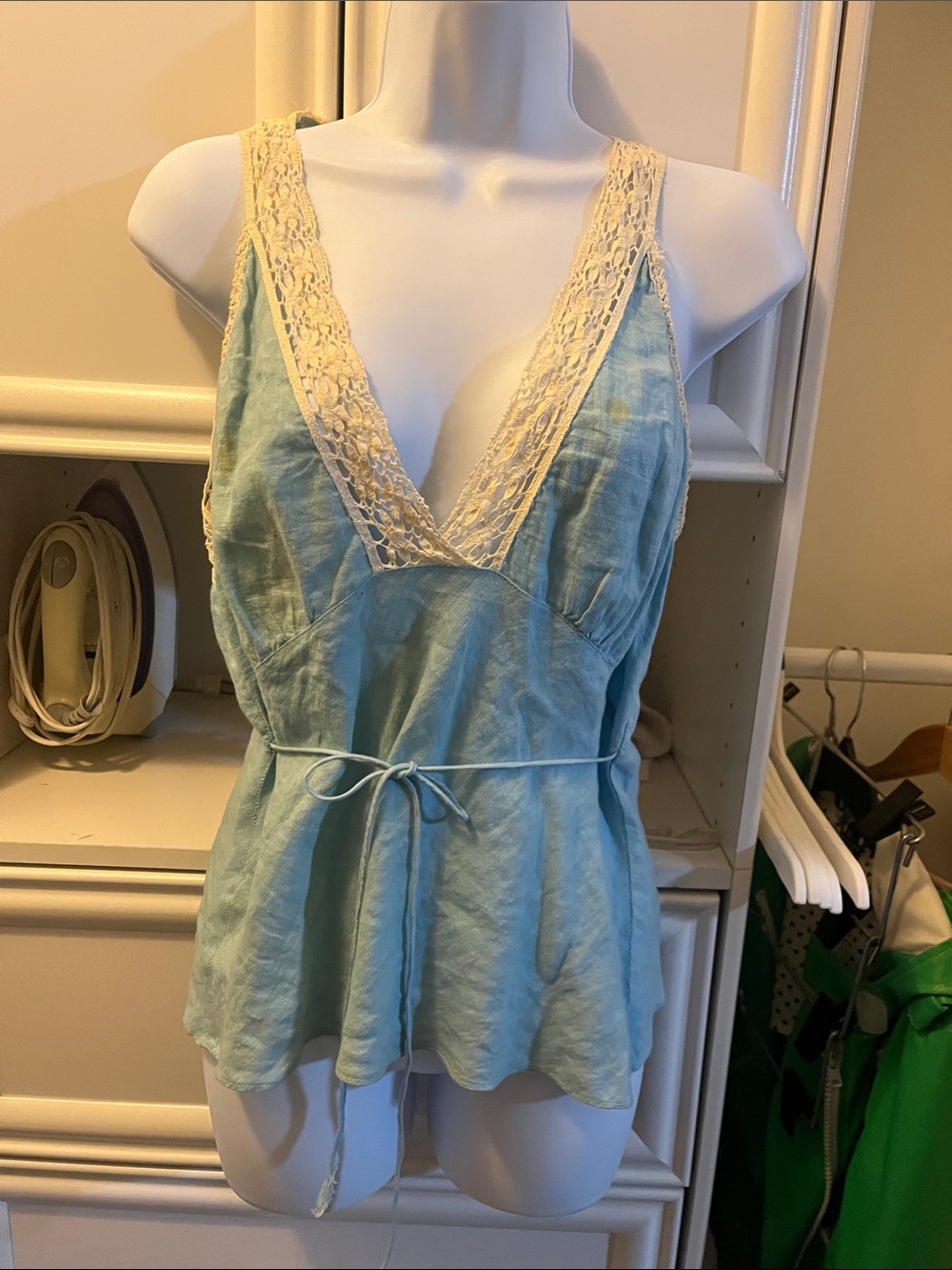 Miguelina Sky Blue Lace-Trim Tie-Waist Camisole